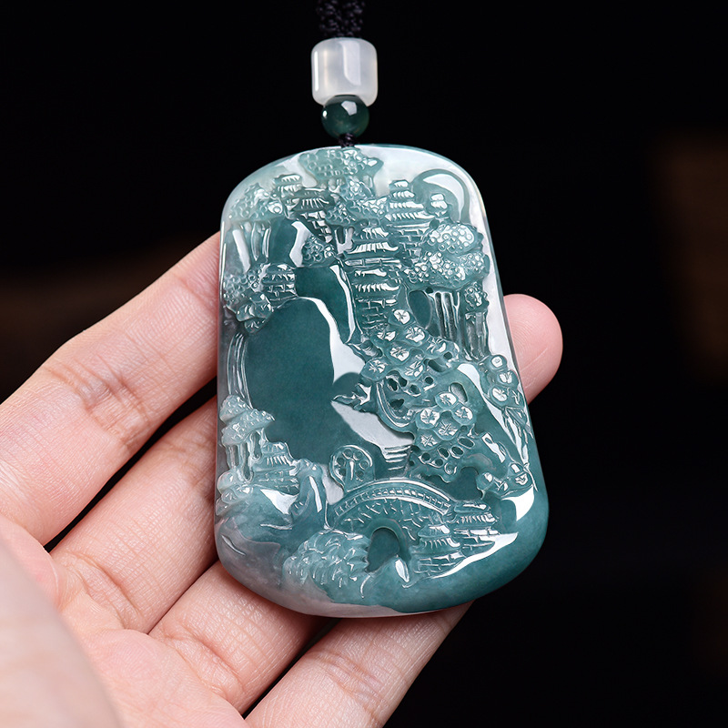 Necklace Pendant - Doğal Birman Yeşim Taşı Manzara Kolye