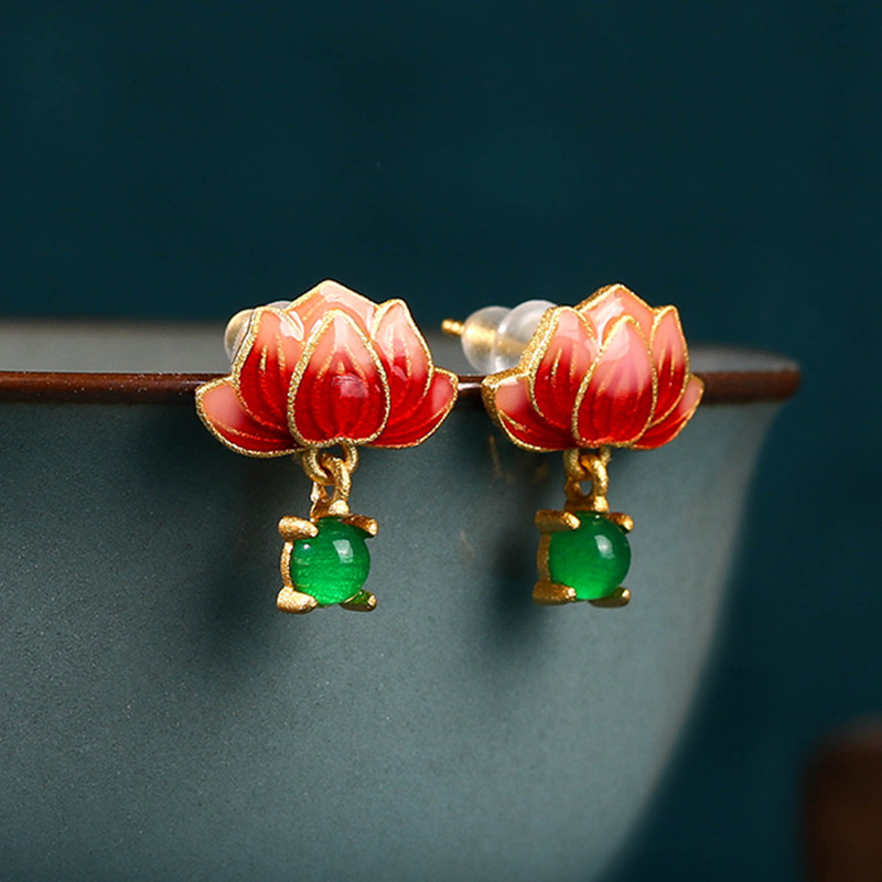 Luxury Gifts Jewelry & Watches Namfleg Mostar - Yeşil Gerçek Yeşim Lotus Küpe Taş